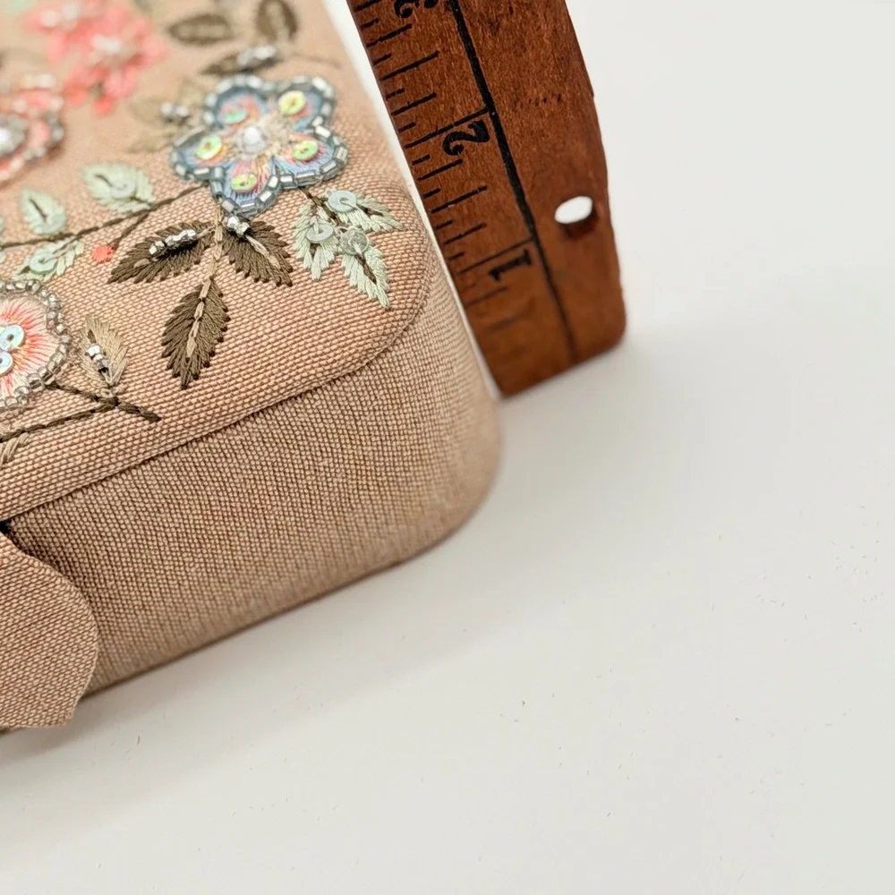 Floral Embroidered Beaded Jewelry Box Travel Case Tan Linen Boho Cottagecore